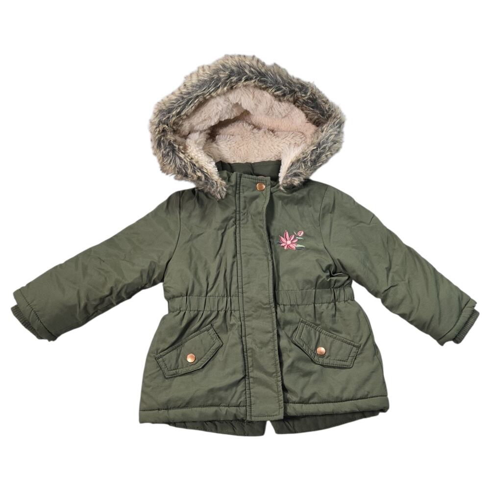 Young Dimension Baby Girls 12-18M Olive Green Parka Coat Faux Fur Floral Sherpa